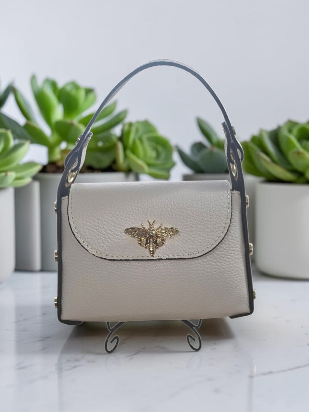 Vera Pelle Italy Leather Mini Bee Bag Ivory Gold Shoulder Handbag